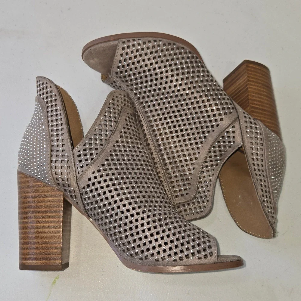 Taupe Suede Laser Cut Studded Peep Toe Block Heel Boots Size 8.5 German outsole‎